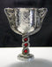 hammered pewter wine goblet with dragons on both sides and their tails twined together for stem and base outlined in gems.