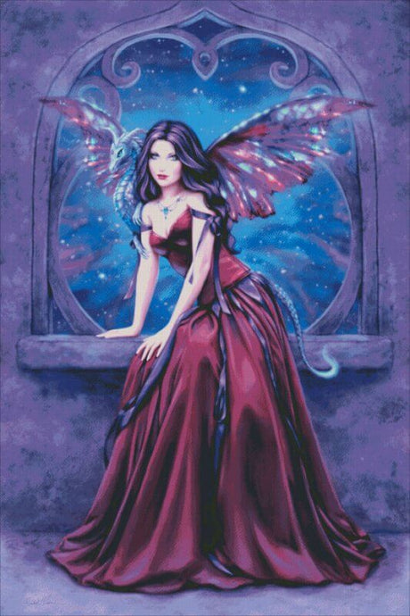 This lovely artwork by Rachel Anderson shows off a pixie in purple! The fairy has a rich deep grape colored dress, and violet and blue wings to match. She perches in front of a gothic archway looking out into the heavens.  Cross stitch mockup