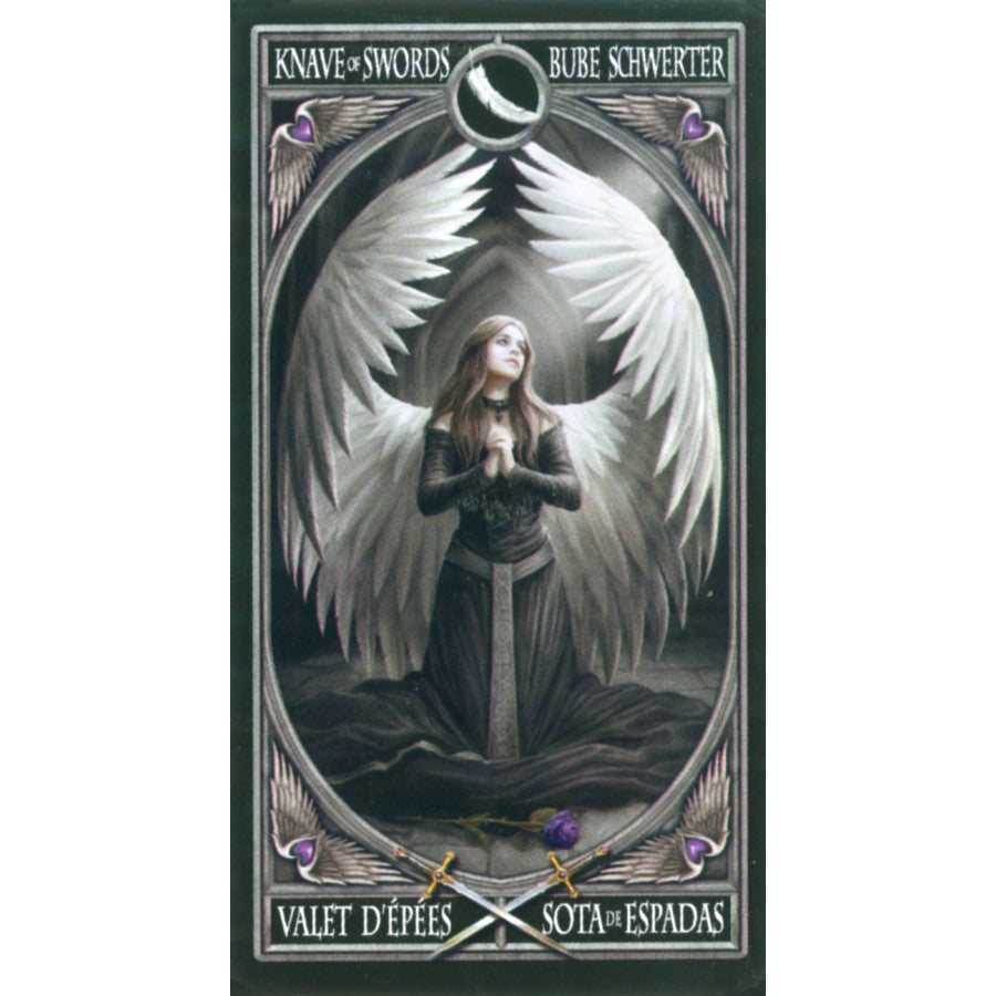 Card example of Knave of Swords - woman in black with white feathered angel wings prays over a purple rose