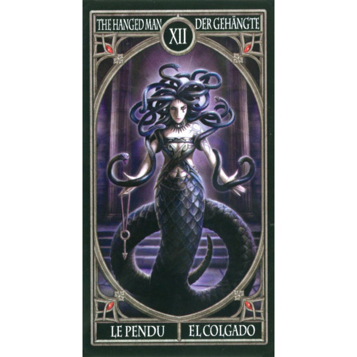 Card example - black scaled medusa holds an arrow on a string. "The Hanged Man" card