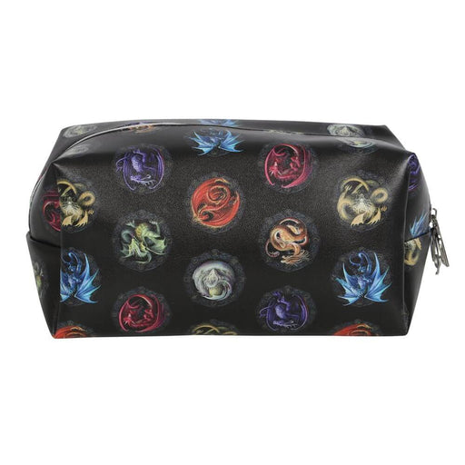 Makeup bag in black covered in multicolored dragons by artist Anne Stokes