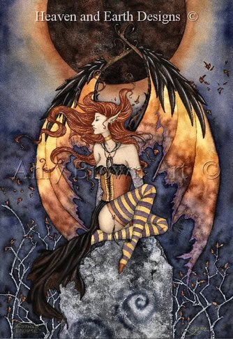 Amy Brown artwork of Another Eclipse featuring a fairy with dragon wings sitting atop a rock. She wears a corset and black skirt with striped socks and orange, auburn wings with black feathers at the top.