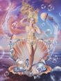 Finished cross stitch pattern showing the goddess Aphrodite standing in a scallop shell surrounding by bubbles, starfish and pearls