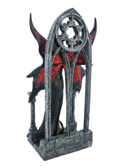 Red & Black Gothic spider fairy, shown from the back - showing the Gothic archway window