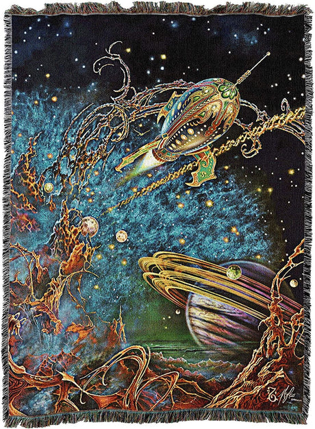 Tapestry blanket with art by Myles Pinkney. A magical colorful rocket ship flies through space, surrounded by swirls of color, planets and stars.