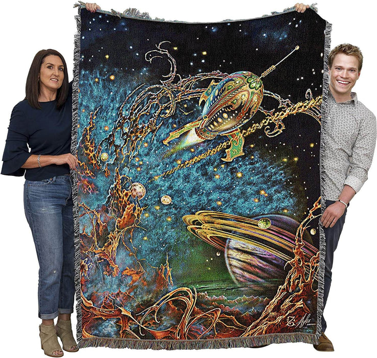 Archway tapestry blanket held up by two adults to show large size