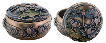 Trinket box with dragonfly and lilies, shown both closed and open