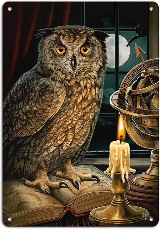 Owl perched upon an atlas of maps, with a candle and astrolabe on this tin sign by Lisa Parker. A full moon rises beyond a window.