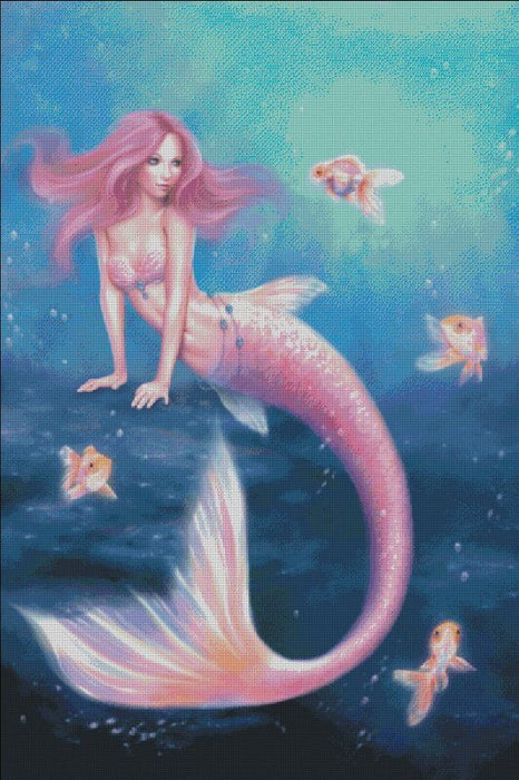 A beautiful mermaid by artist Rachel Anderson comes to life in this art! The siren has pink sclaes and hair, and is surrounded by fish friends in a sea of blue waters. Cross stitch mockup