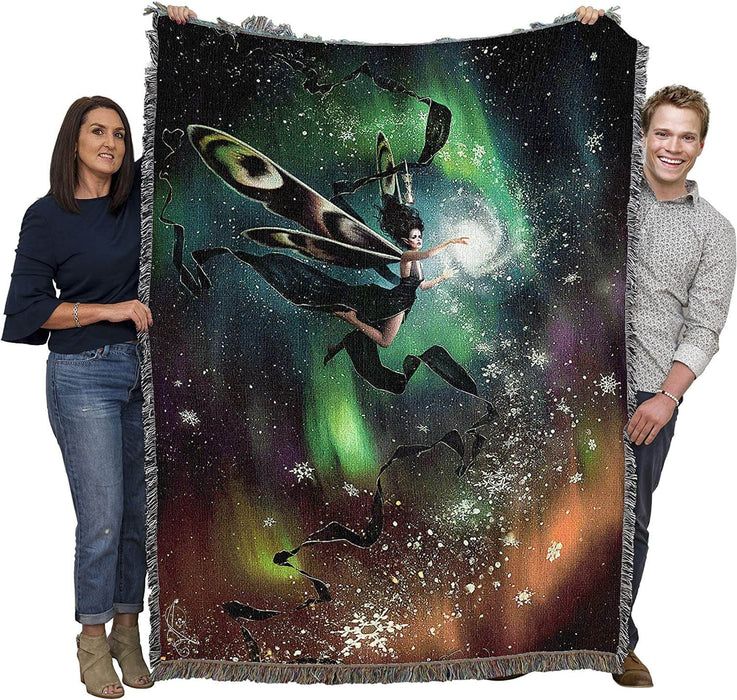 Aurora fairy tapestry blanket, held up by two adults to show size