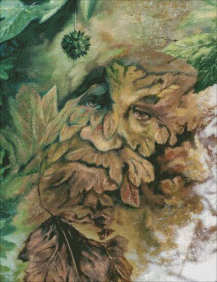 Autumn Greenman art by Bill Plank featuring a green man shifting in his leaves from green to brown
