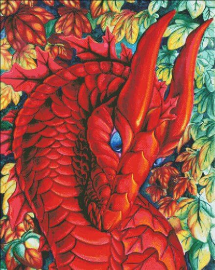 Carla Morrow's Autumn Passage featuring a red dragon with leaf accents and blue eyes on an autumn tree backdrop