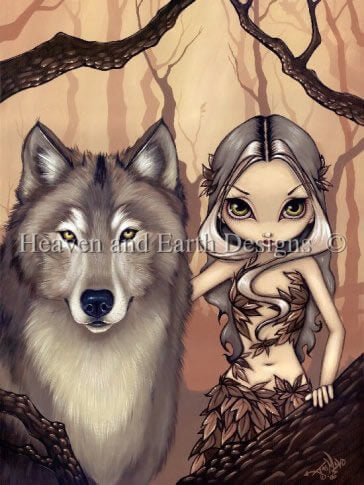 A wolf and a forest fae stand side by side, gazing out a the viewer. The finished piece is rich in shades of earthy brown, with the woods stretching on in the background. by Jasmine Becket-Griffith