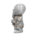 Side view of Knight holding axe figurine, done in silver with gold accents