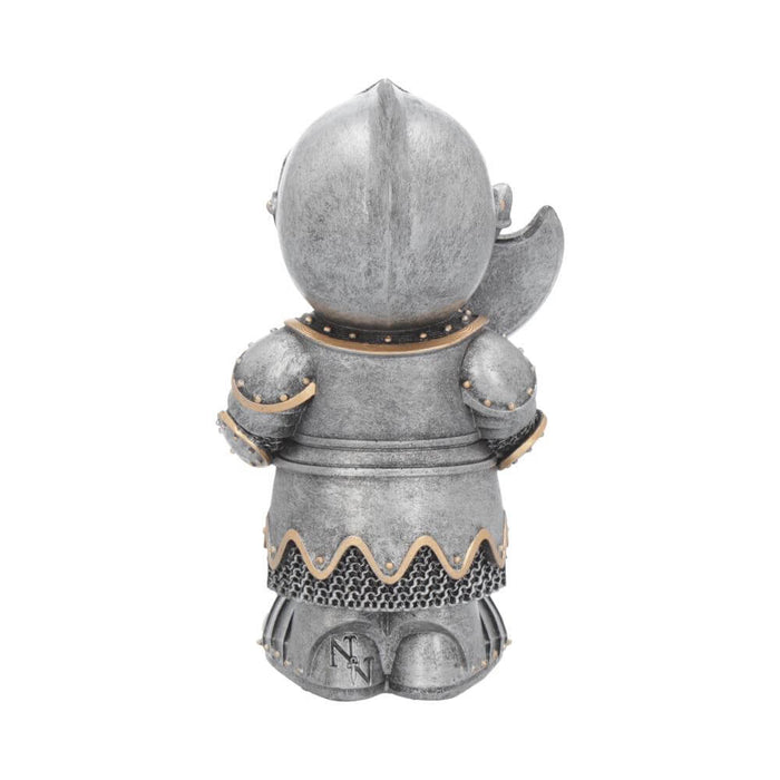Back view of Knight holding axe figurine, done in silver with gold accents