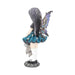 Side view of Fairy with black shirt and blue skull-accented skirt, with purple and black wings and a stitched dolly.