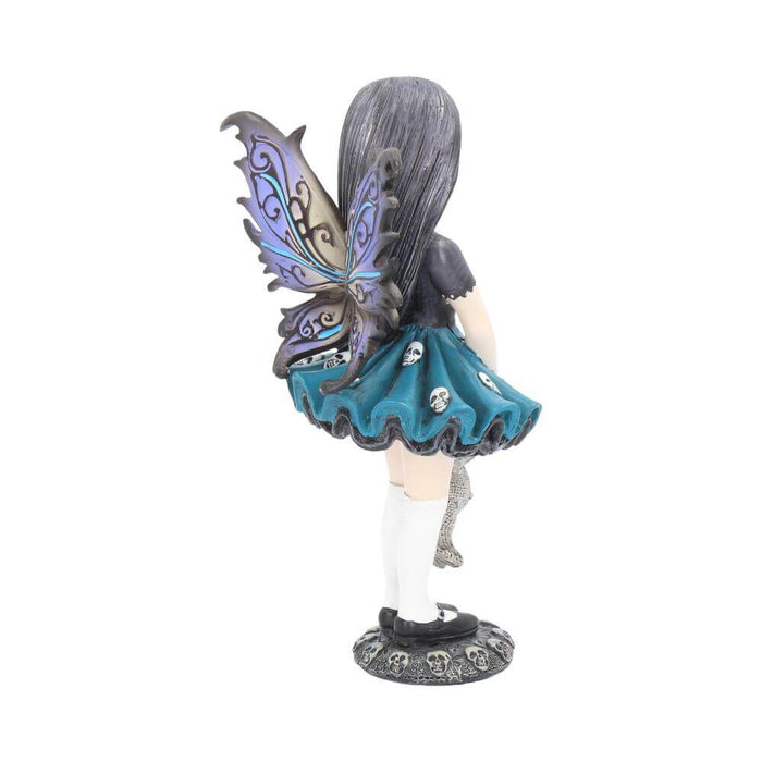 Back/side view of Fairy with black shirt and blue skull-accented skirt, with purple and black wings and a stitched dolly.
