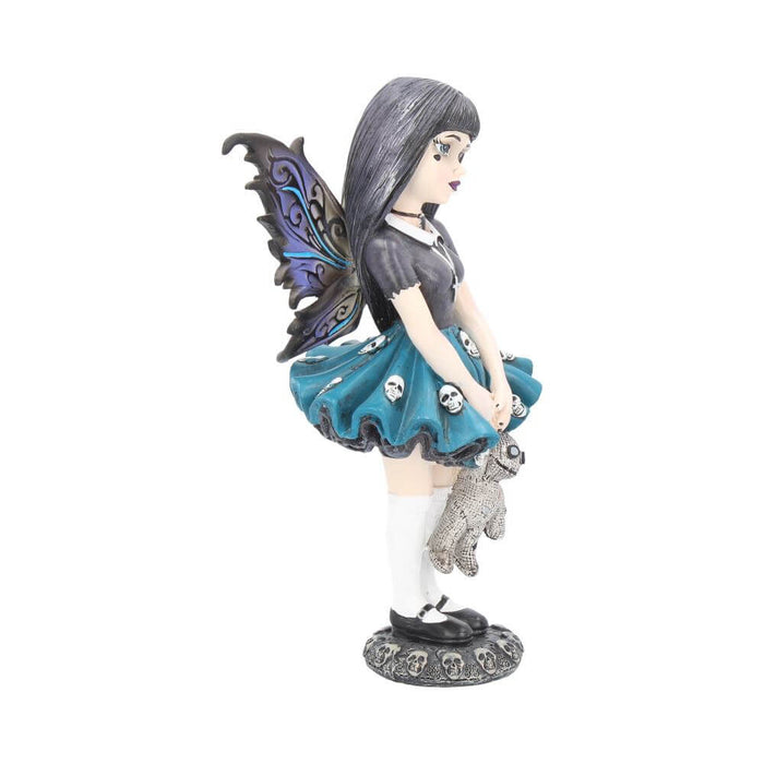 Side view - Fairy with black shirt and blue skull-accented skirt, with purple and black wings and a stitched dolly.