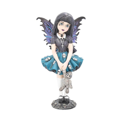 Fairy with black shirt and blue skull-accented skirt, with purple and black wings and a stitched dolly.
