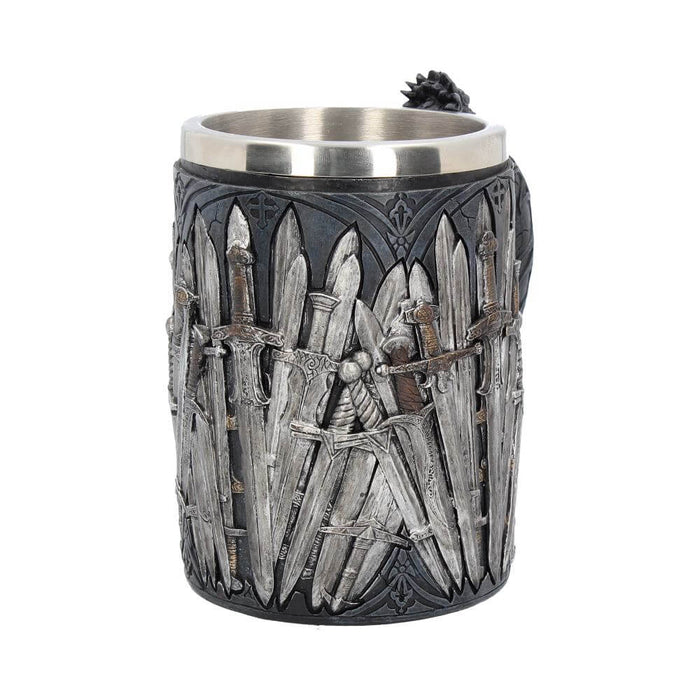 Mug with removable stainless steel insert featuring swords all around the sides and a dragon handle with Celtic designs