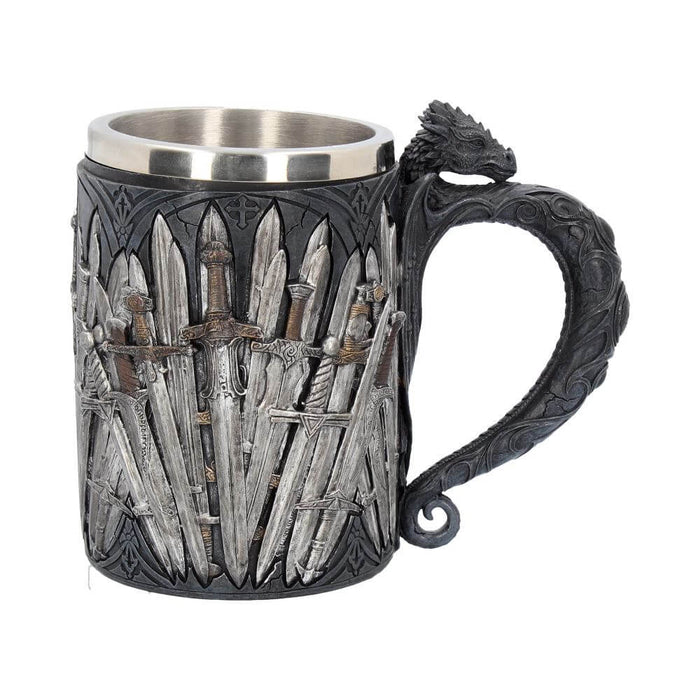 Mug with removable stainless steel insert featuring swords all around the sides and a dragon handle with Celtic designs