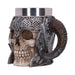 Side view - Norse Viking Skull tankard with curling horns and Celtic knotwork. Stainless steel insert is removable.