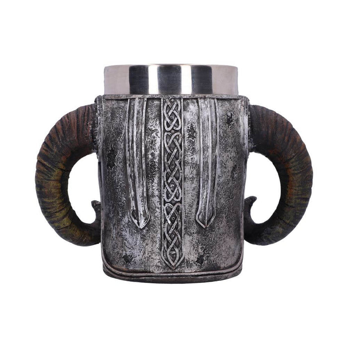 Back view - Norse Viking Skull tankard with curling horns and Celtic knotwork. Stainless steel insert is removable.