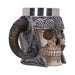 Side view - Norse Viking Skull tankard with curling horns and Celtic knotwork. Stainless steel insert is removable.