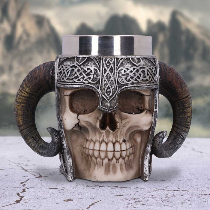 Norse Viking Skull tankard with curling horns and Celtic knotwork. Stainless steel insert is removable.