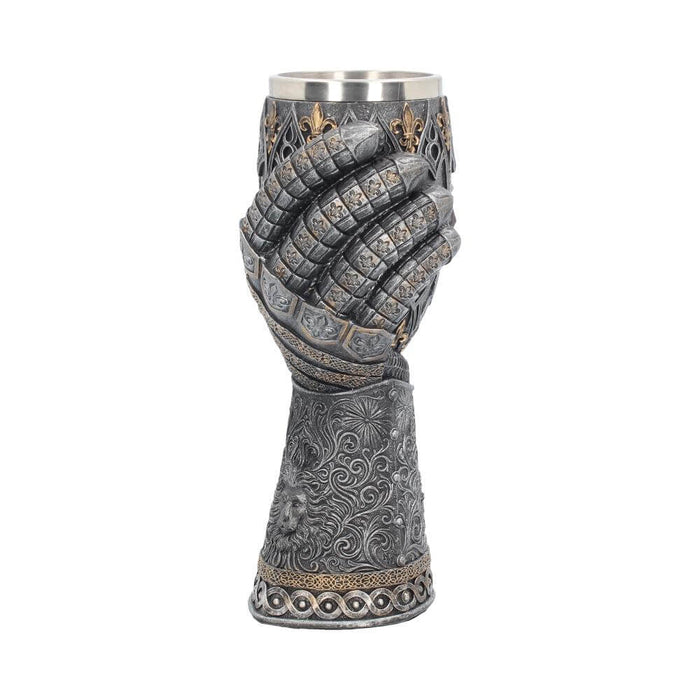 Gauntlet goblet in faux metal - silver with gold accents. Lion and Fleur de Lis motif with removable stainless steel insert
