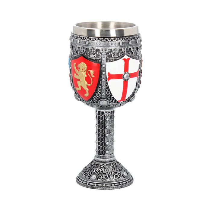Chalice goblet with English shields design, showing white and red crest and red and gold Lion