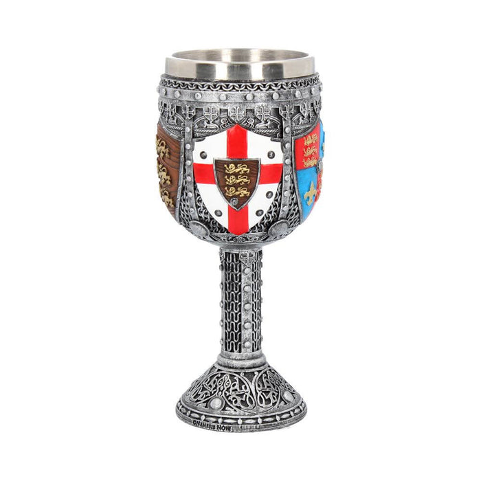 Chalice goblet with English shields design, showing white and red crest with three lions