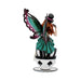 Mad Hatter fairy sitting on two teacups and drinking a smaller cup of tea. Done in a teal, pink and black color scheme, with red hair. Back view showing off butterfly wings