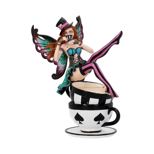 Mad Hatter fairy sitting on two teacups and drinking a smaller cup of tea. Done in a teal, pink and black color scheme, with red hair.