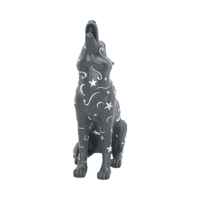 Dark gray wolf howling at the moon. Decorated in silver swirls, stars, and moons. Front view