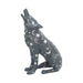 Dark gray wolf howling at the moon. Decorated in silver swirls, stars, and moons. Side view