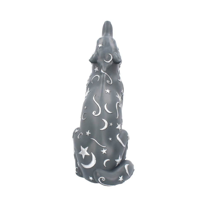 Dark gray wolf howling at the moon. Decorated in silver swirls, stars, and moons. Back view