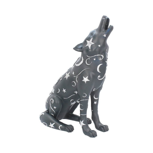 Dark gray wolf howling at the moon. Decorated in silver swirls, stars, and moons.