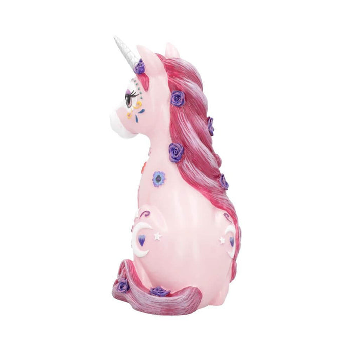 Candy skull unicorn shown from the back with purple flowers in her mane and tail
