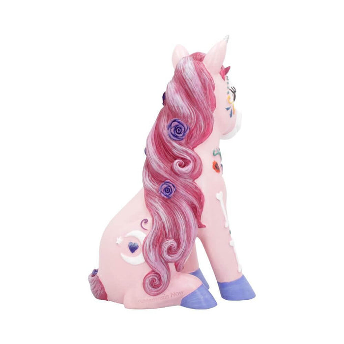 Pink unicorn shown from the side with long mane