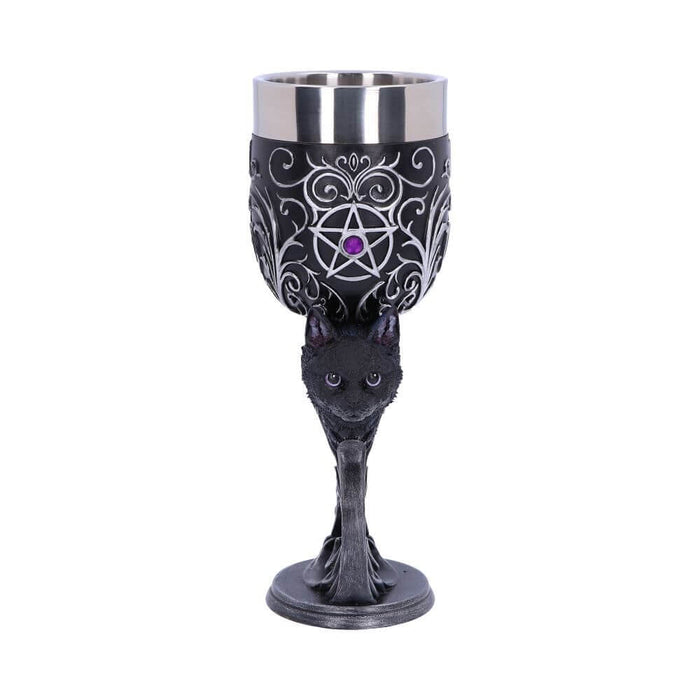 Front view of black cat goblet. Pentagram has a purple jewel at the center