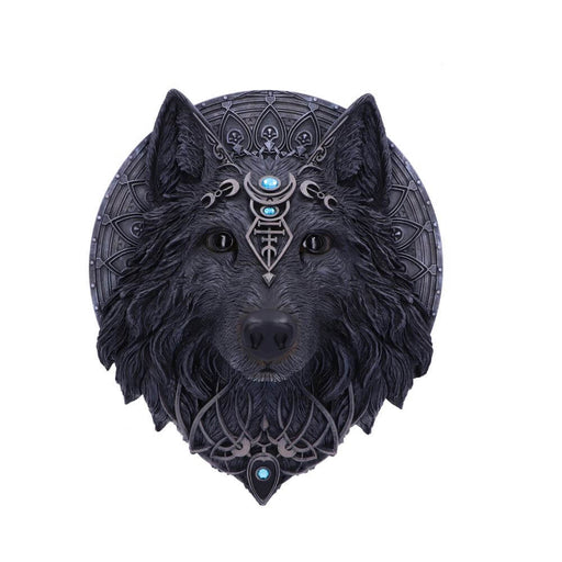 Black wolf wall plaque with crescent moon designs