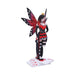 Queen of Hearts figurine - fairy with red and black dress, white and black stockings, red, purple and black wings standing on playing cards. Side view