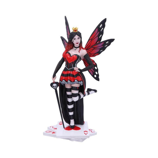 Queen of Hearts figurine - fairy with red and black dress, white and black stockings, red, purple and black wings standing on playing cards