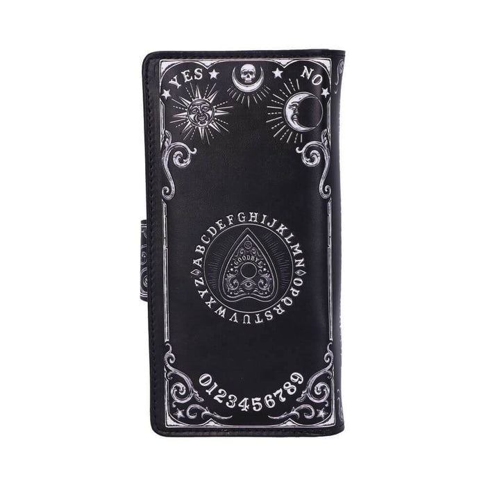 Back of the spirit board wallet with alphabet, numbers, and other designs