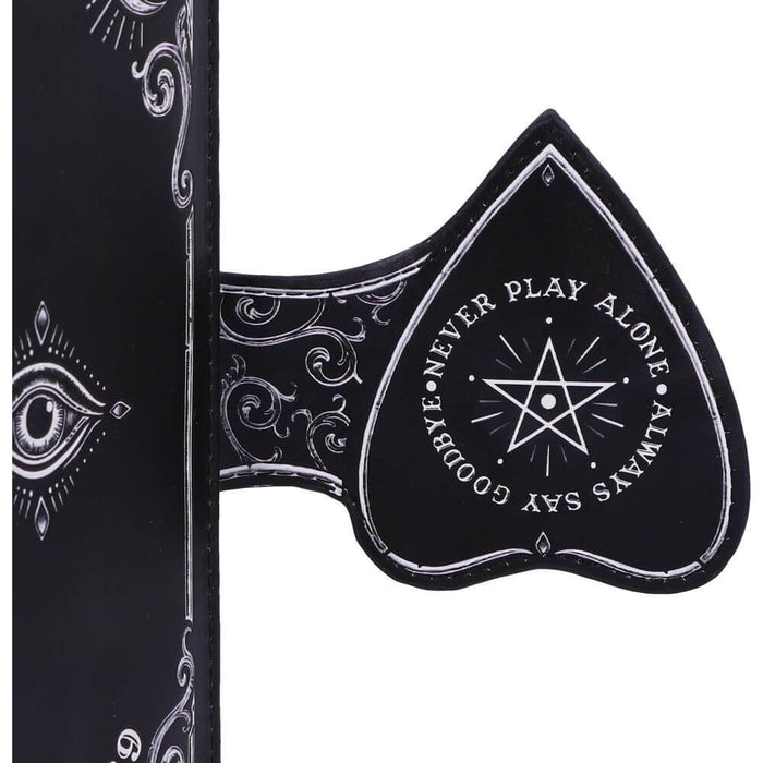Planchette closure back says "Never Play Alone, Always Say Goodbye"