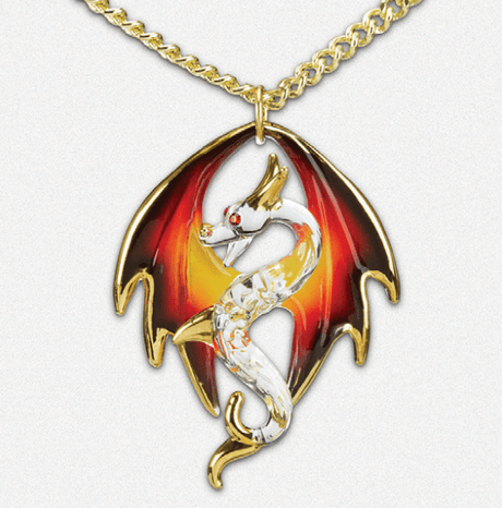 Necklace on a gold chain. The pendant is a clear glass dragon with wings in blakc, red, orange and yellow. It is accented in real gold with crystal eyes.