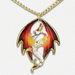 Necklace on a gold chain. The pendant is a clear glass dragon with wings in blakc, red, orange and yellow. It is accented in real gold with crystal eyes.
