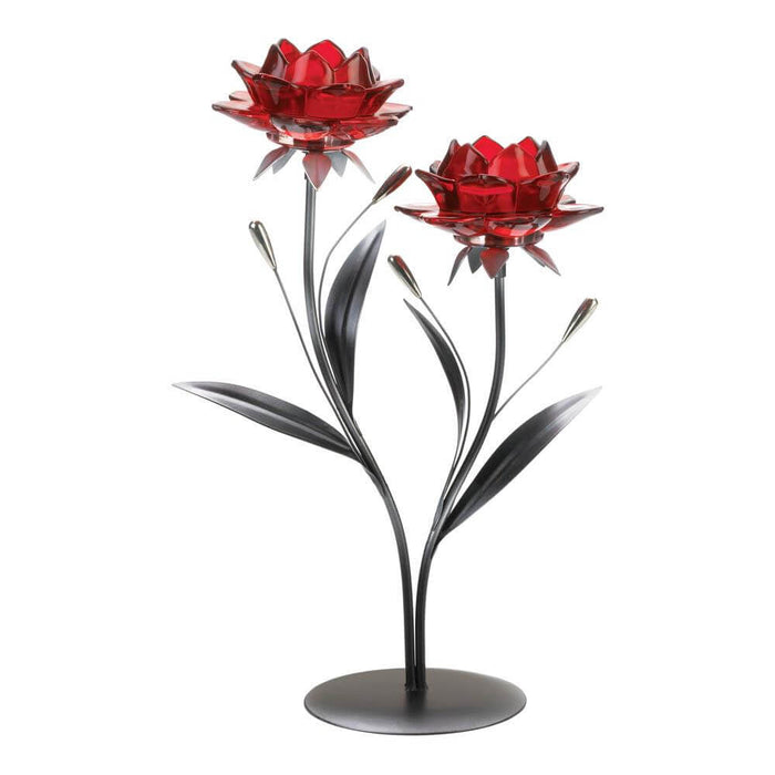 Two red flower blossoms to hold tea light candles attached to graceful metal stems