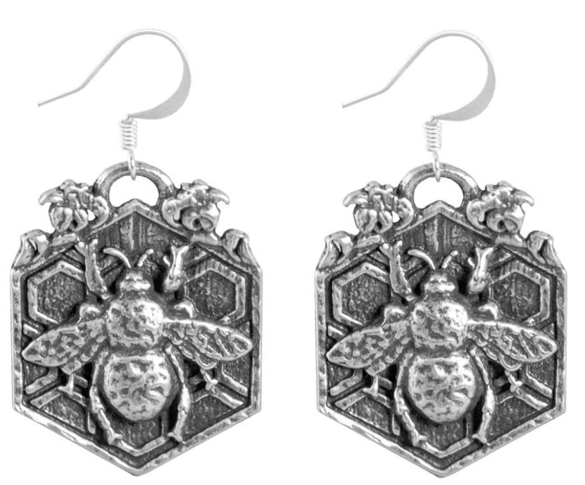 Pewter earring pair with bees on honeycombs